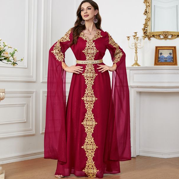 Modest Evening Dress/Formal Dress Women Dubai Abaya Dress - Long Sleeve Embroidered Muslim Gown With Color Blocking, Red/Yellow/Light Blue_ecoleips.com