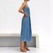 K Women's Denim Distressed Shoulder Strap Single Row Button Mid Length Dress_ecoleips.com
