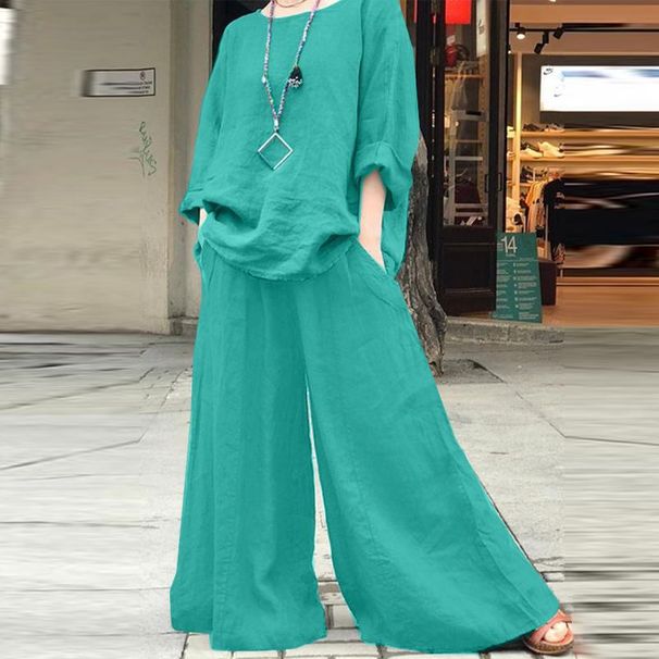 2025 Women's Fashion Casual Pants Set Loose Solid Color Cotton And Linen Long Sleeve Shirt + Pants Set Two-piece Set Female_ecoleips.com