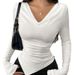 Women's Clothing V Neck Off Shoulder Two Way Design Fashionable V-Neck Off-Shoulder Two-Way Design Slim Fit Ruffled Asymmetrical Long Sleeve T-Shirt_ecoleips.com