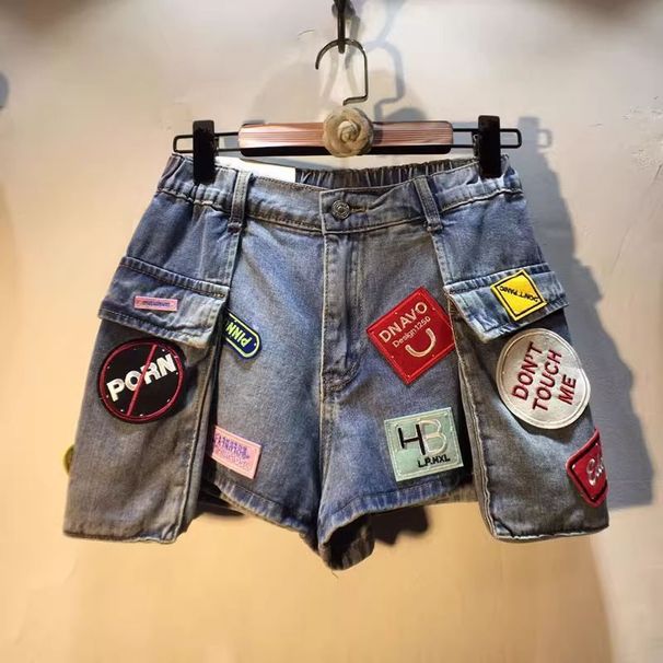 European Station 2025 Summer New Embroidered Letter Logo Patch High-Waisted Slimming Cargo Pocket Denim Shorts For Women_ecoleips.com