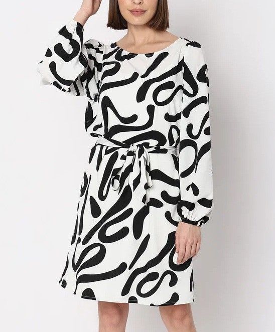 Women's Printed Long Sleeve Round Neck Belted A-Line Dress – Stylish Streetwear For Casual & Urban Outfits_ecoleips.com