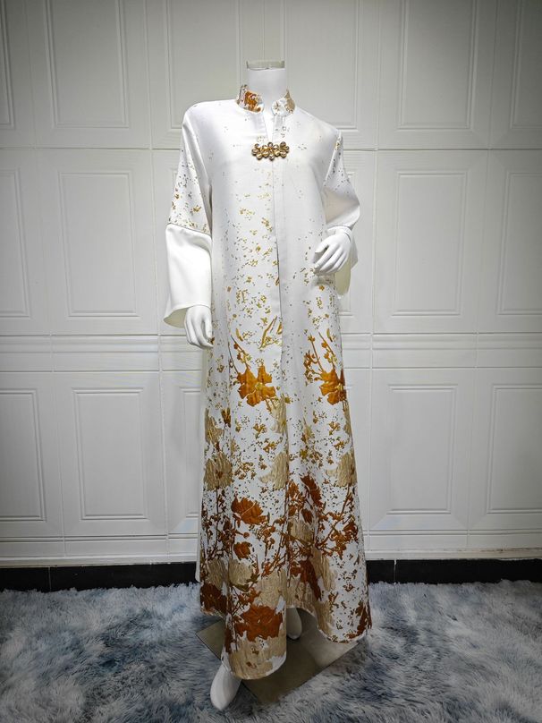 Elegant Jacquard Jalabiya Dress – Modest Muslim Long Sleeve Maxi Dress For Home & Banquets (Sky Blue, Apricot, Mint Green) – Flowing Polyester Abaya_ecoleips.com