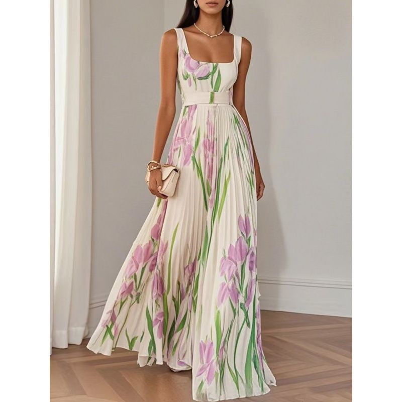 Women's Floral Suspender Dress European American Style Casual Comfortable Pleated Long Skirt for Vacation Fashion_ecoleips.com