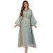 Elegant Jalabiya Dress With Belt – Modest Muslim Long Sleeve Maxi Dress For Banquets & Home Wear – Flowing Abaya With Lantern Sleeves_ecoleips.com