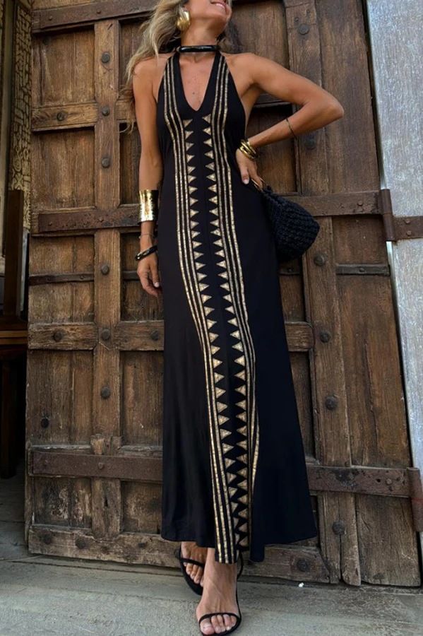 Women's Clothing Printing V Neck Backless Halter Neck Lace Up Sexy Long Skirt_ecoleips.com