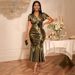 Elegant V-Neck Ruffled Mermaid Evening Dress With Floral Waist Detail For Party & Banquet Party Wear Prom & Evening Dresses_ecoleips.com