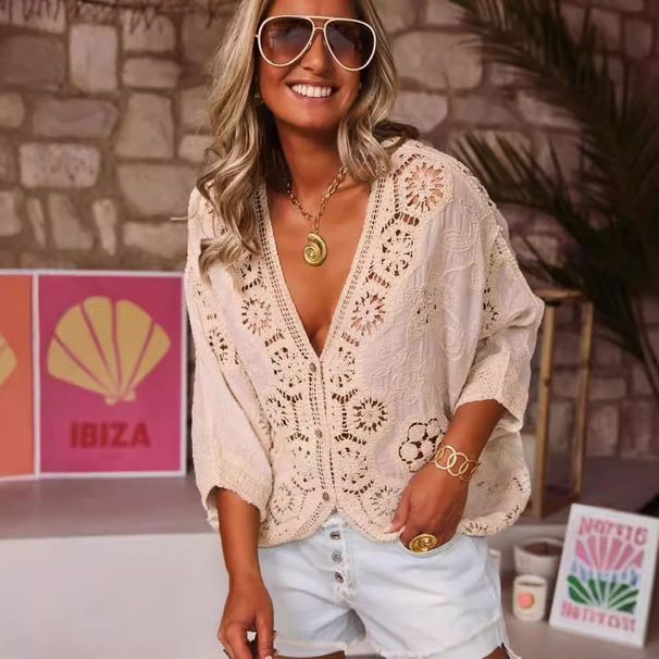 Women's Clothing New Spring And Summer V Neck Hollow Lace Hook Flower Shirt_ecoleips.com
