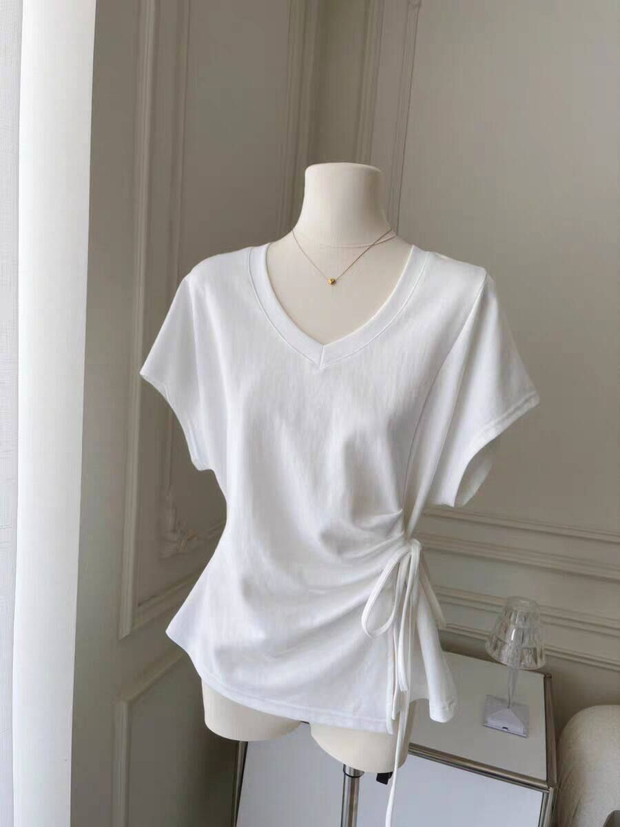 Solid Color Strap Design V-neck Short-sleeved T-shirt Women's Summer Slim-fit Korean Version Inner And Outer Waist Top_ecoleips.com