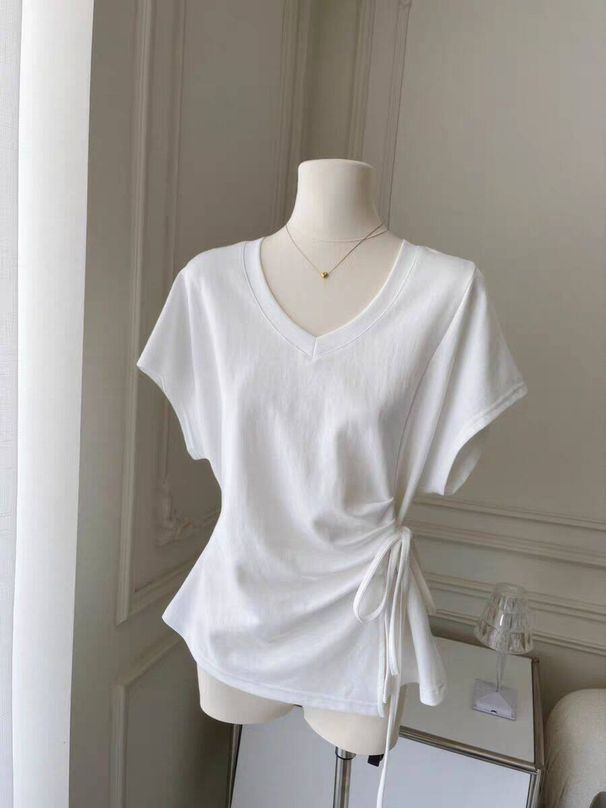 Solid Color Strap Design V-neck Short-sleeved T-shirt Women's Summer Slim-fit Korean Version Inner And Outer Waist Top_ecoleips.com