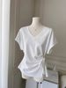Solid Color Strap Design V-neck Short-sleeved T-shirt Women's Summer Slim-fit Korean Version Inner And Outer Waist Top_ecoleips.com