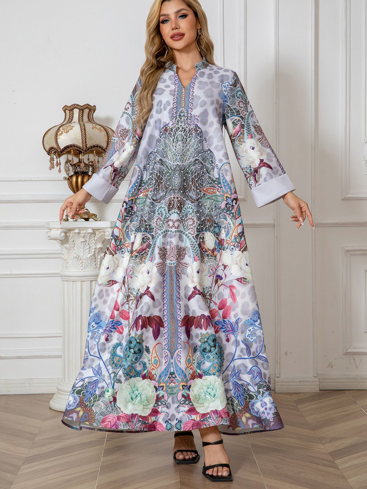 SW1005 Muslim Women's Robe Full Print Inlaid With Diamonds And Beads Long Dress Abayas_ecoleips.com