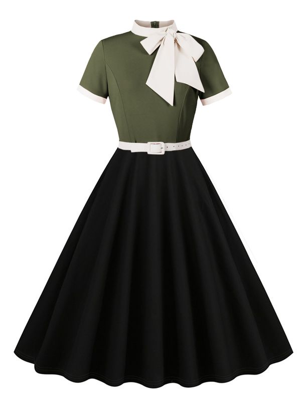 Women's Short Sleeved Dress Elegant Patchwork Bow Knot Slim Fit Style Summer New_ecoleips.com