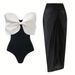 Women's Black & White Tube Top One-Piece Swimsuit With Bow - Stylish Bathing Suit For Women_ecoleips.com
