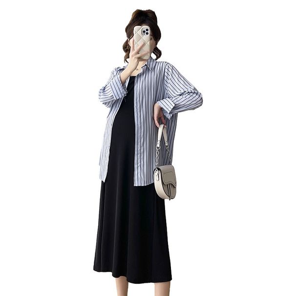 Autumn New Korean Striped Shirt Top + Fashion Long Vest Set For Pregnant Women_ecoleips.com