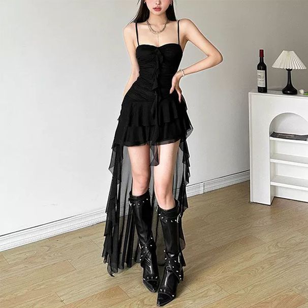 Fashion Sexy Spaghetti Strap Ruffle Irregular Bodycon Party Club Evening Dress Women Mesh Suspender Spring Summer Holiday Beach_ecoleips.com