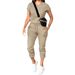 cross-border Foreign Trade Fashion Casual Women's Clothing Solid Color Round-neck Top And Multi-pocket Pants Set,_ecoleips.com