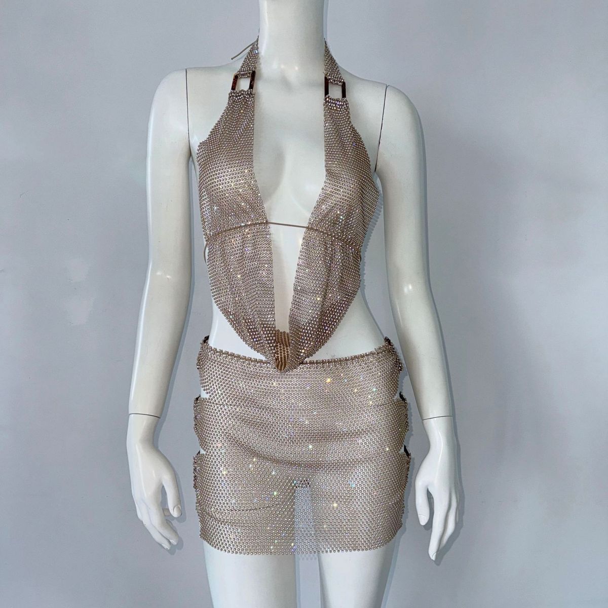 Sexy Hot Girl Strap Half Skirt Two-Piece Set Fishnet Rhinestone Music Festival Outfit Halter Top For Women_ecoleips.com