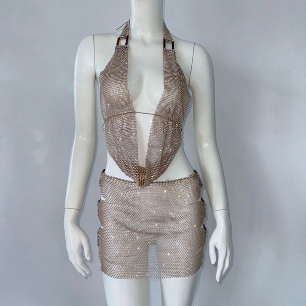 Sexy Hot Girl Strap Half Skirt Two-Piece Set Fishnet Rhinestone Music Festival Outfit Halter Top For Women_ecoleips.com