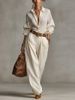 2026 New Fashionable Design, Pure Color Long-sleeved Comfortable And Breathable Shirt, Wide-leg Pants, Two-piece Set For Female White-collar_ecoleips.com