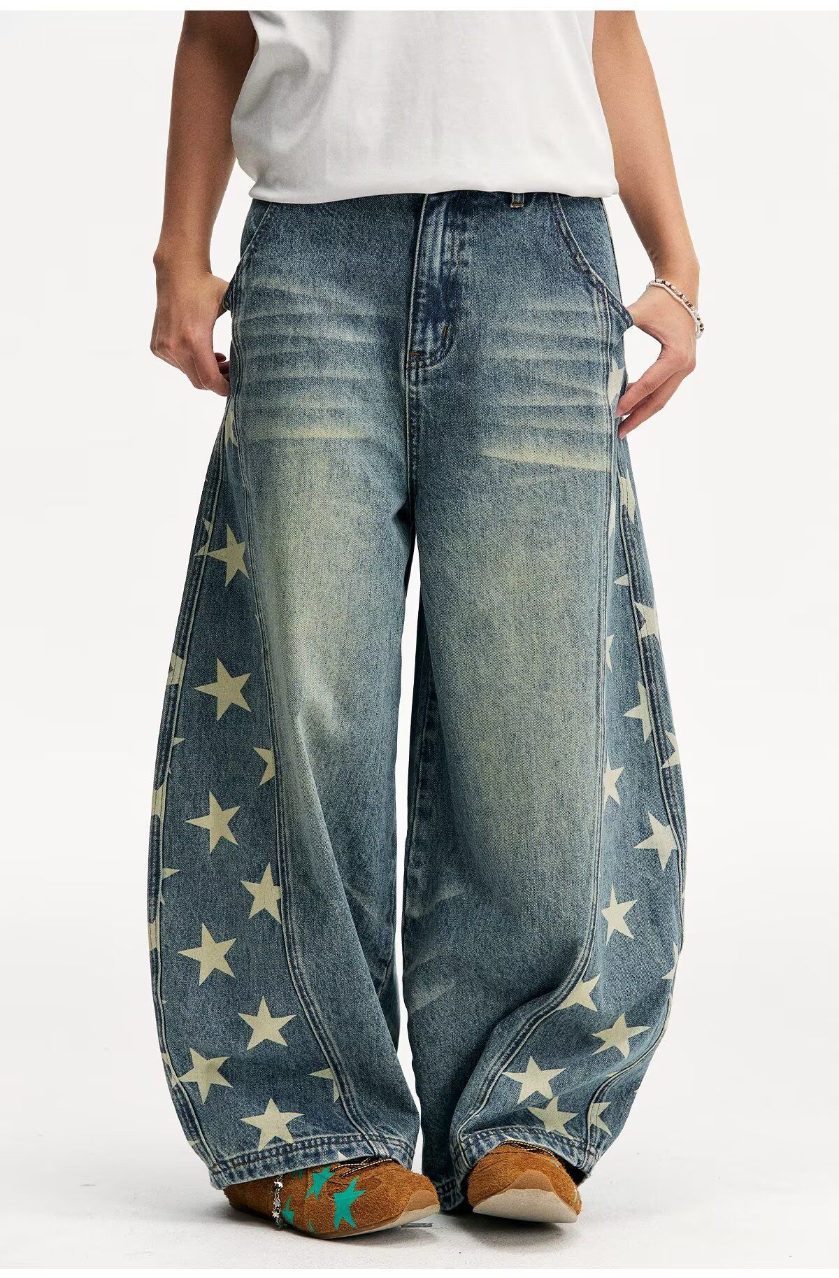 Women's High Waist Wide Leg Jeans Trendy Star Print Side Cutout Casual Cotton Hip Hop Style Loose Fitting Spring/Autumn_ecoleips.com