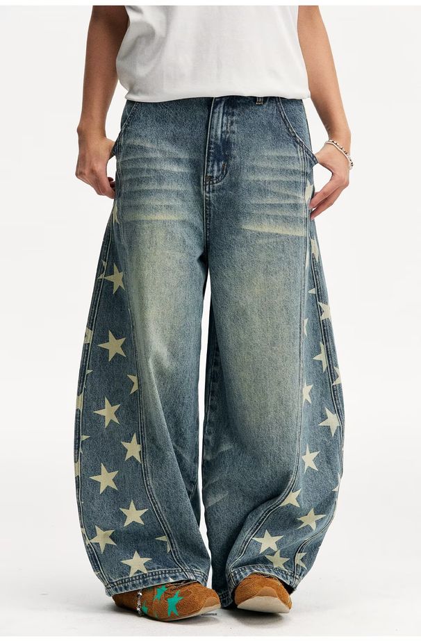 Women's High Waist Wide Leg Jeans Trendy Star Print Side Cutout Casual Cotton Hip Hop Style Loose Fitting Spring/Autumn_ecoleips.com