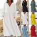 Breathable Linen Cotton Blend Maxi Dress - Loose Fit High Waist A-Line V-Neck Boho Chic Women's Dress In Solid Colors (S-5XL)_ecoleips.com