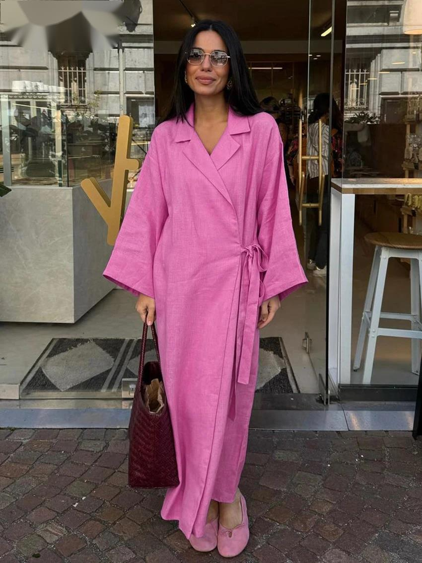 Casual Loose Pink Cotton Dress Ladies Fashion Lapel Long Sleeve Ankle Length Dress Elegant Lace-Up Dresses For Women 47H_ecoleips.com