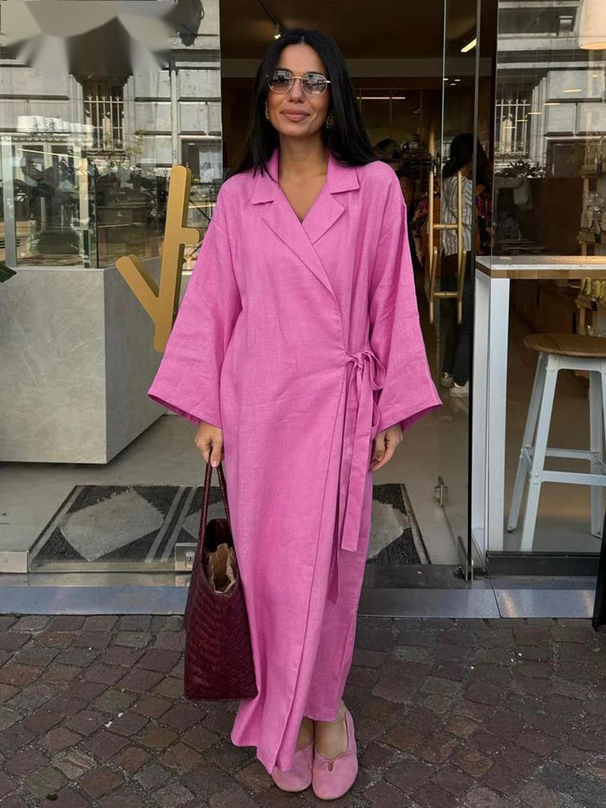 Casual Loose Pink Cotton Dress Ladies Fashion Lapel Long Sleeve Ankle Length Dress Elegant Lace-Up Dresses For Women 47H_ecoleips.com