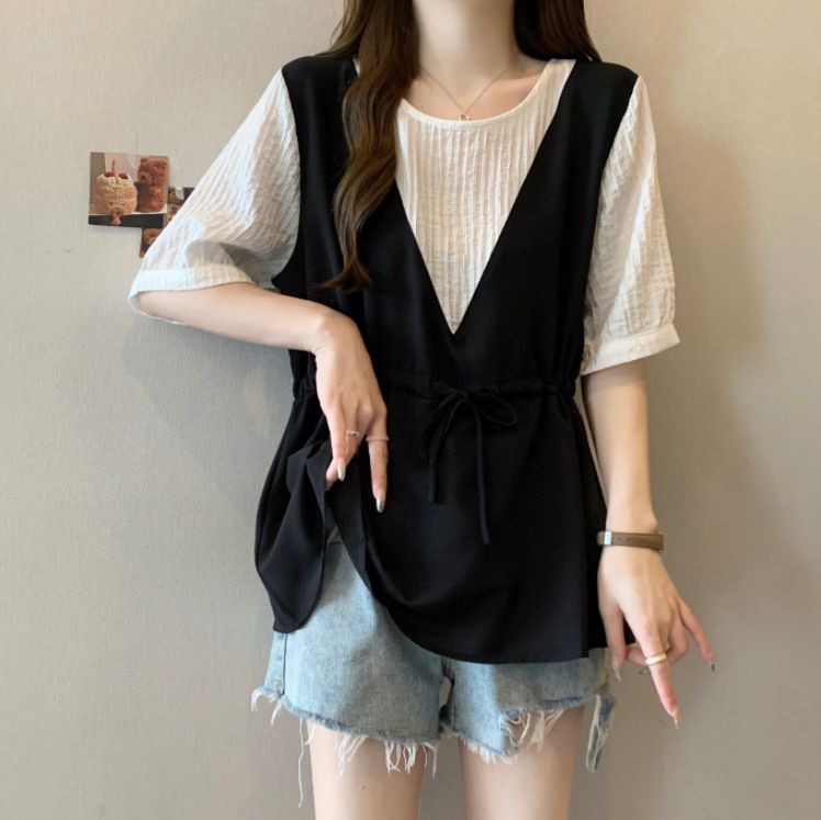 Women's Clothing Two Piece Short Sleeved Shirt New Summer Style Fat Mm Slimming Drawstring Waist Cover Belly Casual Age Reducing Tops_ecoleips.com