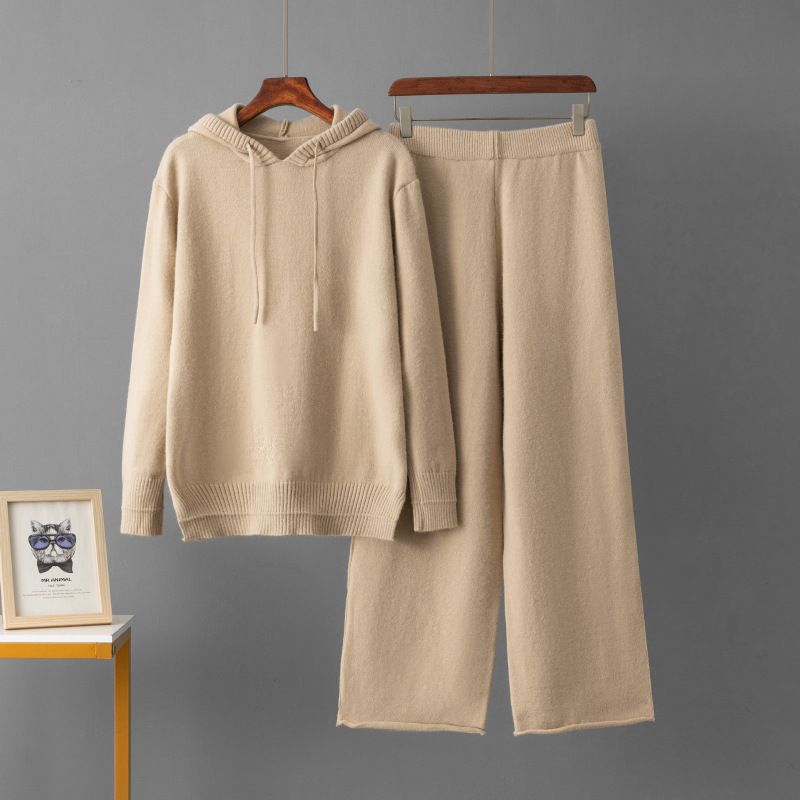 Women's Autumn/Winter Knitted Hooded Sweatshirt Set Casual Fashionable Two-Piece Sweater And Pants Ensemble Lazy Style_ecoleips.com
