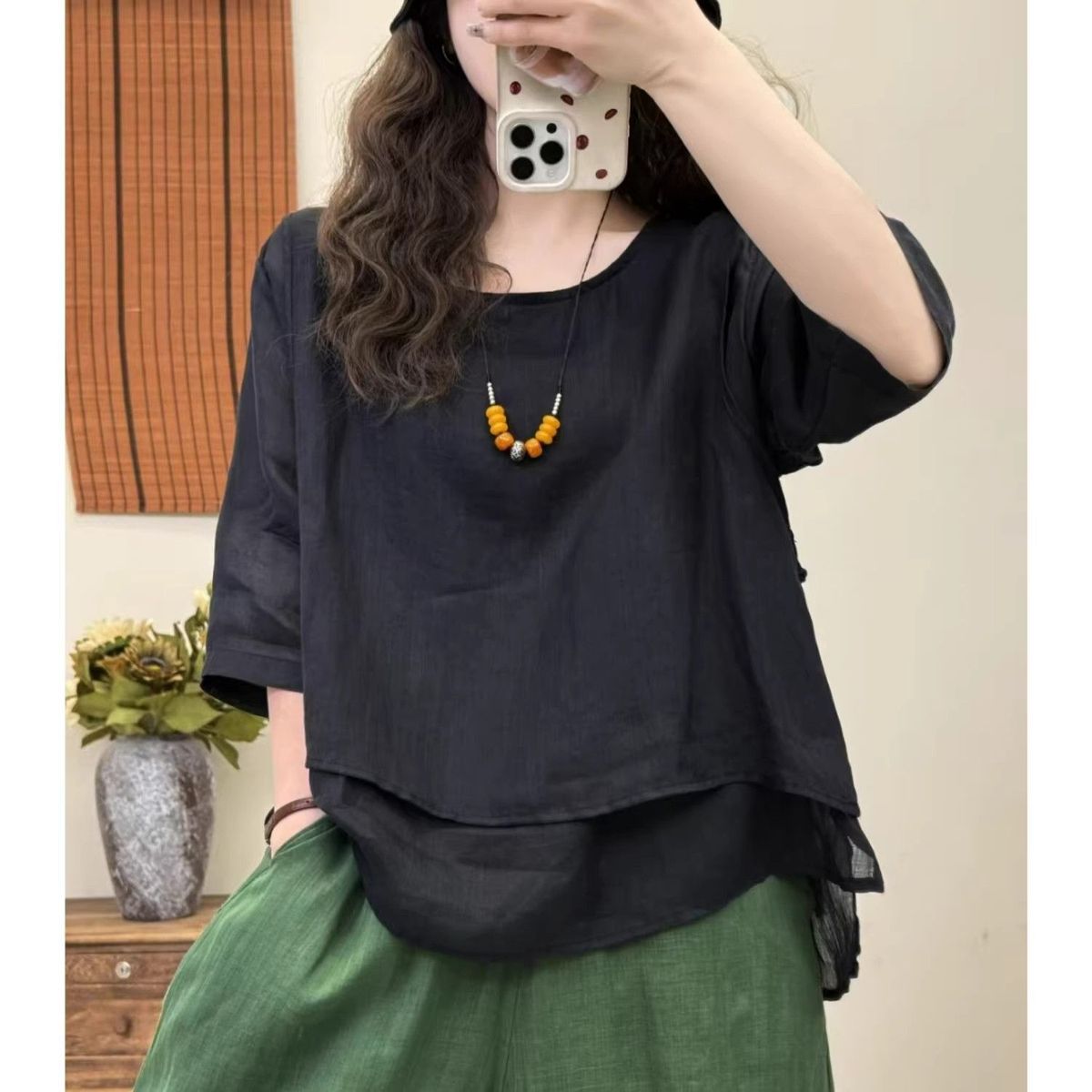 Summer Solid-Color Loose Pullover T-Shirt, Round-Neck Women's Artistic Retro Forest-Themed Short-Sleeved Cotton And Line_ecoleips.com