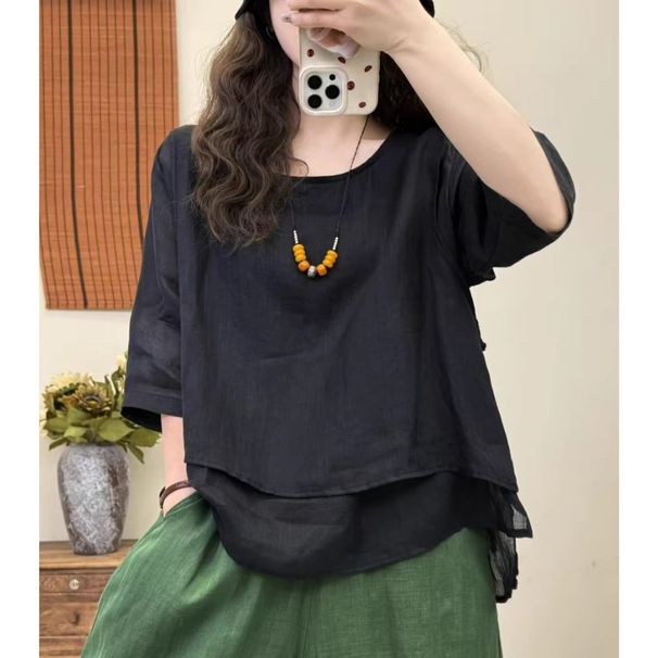 Summer Solid-Color Loose Pullover T-Shirt, Round-Neck Women's Artistic Retro Forest-Themed Short-Sleeved Cotton And Line_ecoleips.com