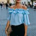 Women's Off-Shoulder Blouse With Flounce Sleeve - Elegant Ruffle Trim Casual Summer Top In Navy, Sky Blue, Black, White, Purple, Pink_ecoleips.com
