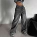 Black And Gray Vintage Wide-Leg Jeans For Women, Autumn New Design, High-Waisted, Slimming, Washed, Floor-Length Pants_ecoleips.com