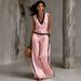 Women's Casual V Neck Color Block Cotton Linen Top with Wide Leg Pants Set Independent Store New Arrivals Summer Wear_ecoleips.com
