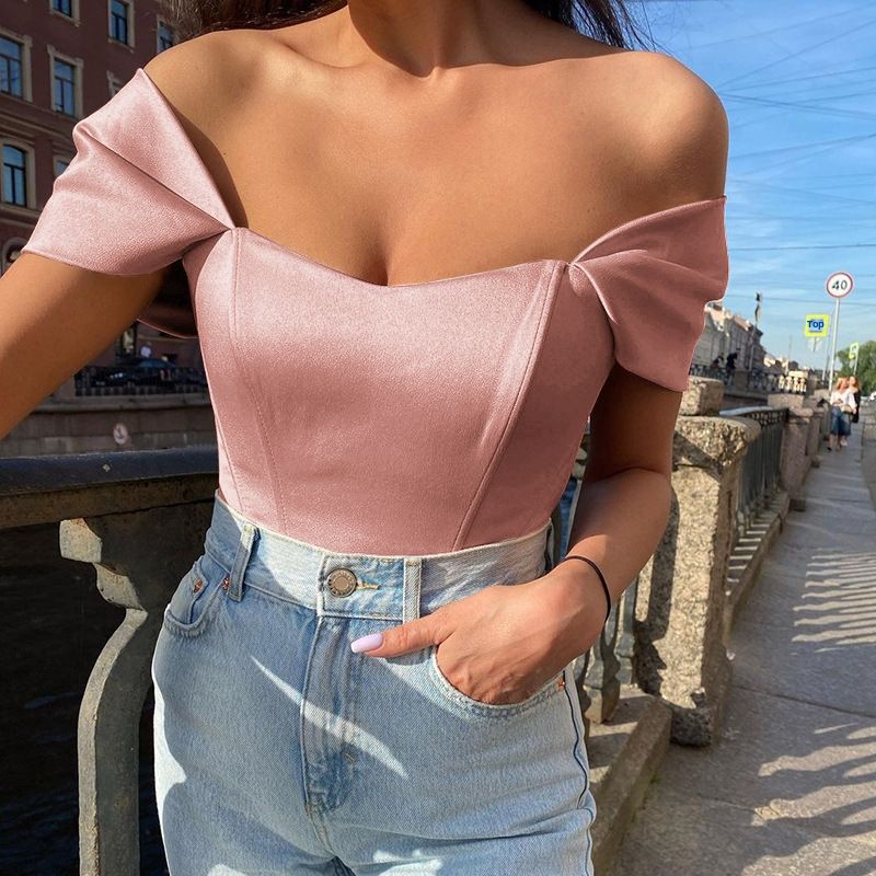 Summer New Women's Satin One Shoulder Top Cross Border Fishbone Waist Tube Vest for Europe And America_ecoleips.com