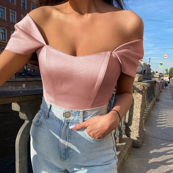 Summer New Women's Satin One Shoulder Top Cross Border Fishbone Waist Tube Vest for Europe And America_ecoleips.com