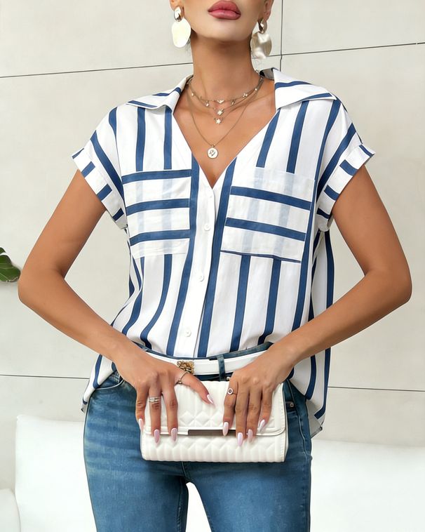 Women's Relaxed V-Neck Striped Shirt Casual Loose Fit Blouse with Pocket Trendy And Comfortable Blue Beige Red Green_ecoleips.com