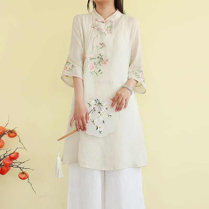 Spring/Summer Stand-Collar Patchwork Vintage Frog Button Cotton-Linen Pullover Embroidered Mid-Length T-Shirt Three-Quar_ecoleips.com