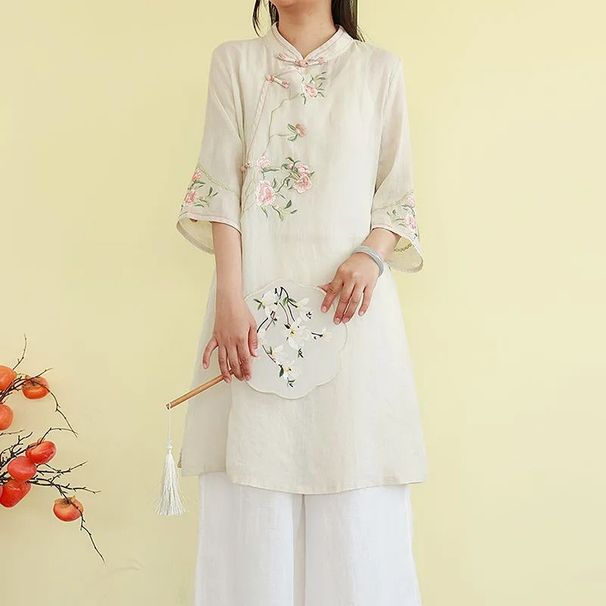 Spring/Summer Stand-Collar Patchwork Vintage Frog Button Cotton-Linen Pullover Embroidered Mid-Length T-Shirt Three-Quar_ecoleips.com