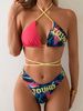Fashion Sexy Two Piece Bikini Set Rock Letter Digital Print Swimsuit Multi Rope Strap Swimwear_ecoleips.com