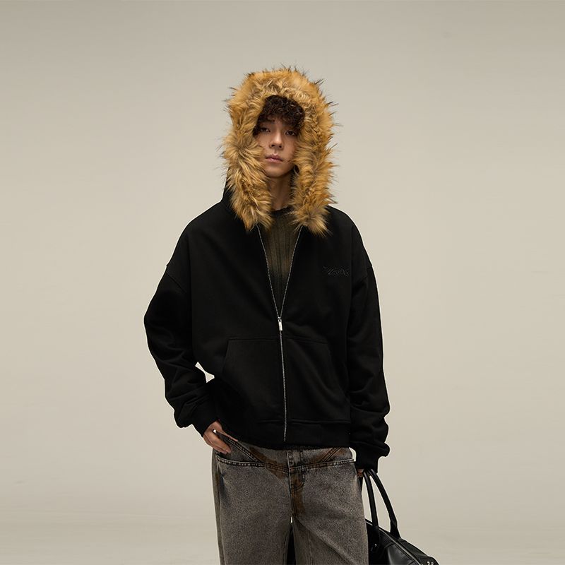 Women's Clothing Fur Collar Couple Hooded Zipper Cardigan Sweater Oversize Design Trendy Niche Jacket_ecoleips.com