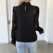 Elegant Mock Neck Lace Blouse – Versatile Long Sleeve Top With Flared Cuffs (S-XL, Black/Army Green/Charcoal, Office-to-Evening Essential)_ecoleips.com