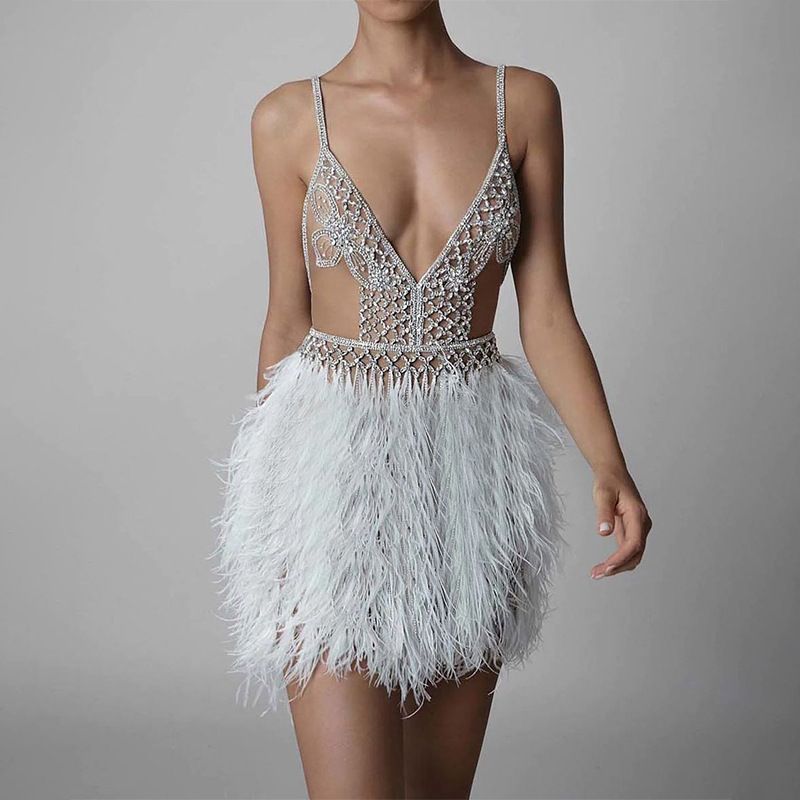 Women's Clothing Sling V Neck Feather Dress Sexy Women's Banquet Evening Dress_ecoleips.com