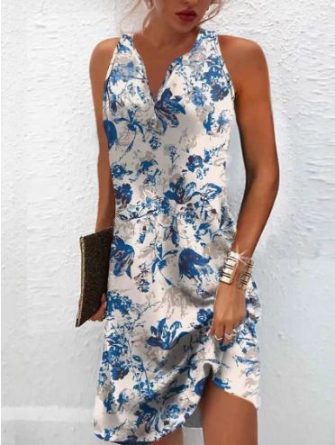 Women's Clothing Summer Flower Casual Style A Line Skirt Sleeveless Vest V Neck Dress Women_ecoleips.com