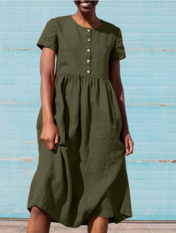 Summer Round-Neck Short-Sleeved Dress With Patchwork Design, Single Row Of Buttons, And Made From Pure Cotton-Linen Fabr_ecoleips.com