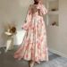 Round Neck Trumpet Sleeve Button Temperament Flower With Belt Long Elegant Dress_ecoleips.com
