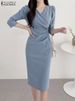 ZANZEA Women’s Elegant Bodycon Party Dress, Sexy V-Neck Knee Length Dress 3/4 Sleeve Ruched Waist, Summer Office Woman Clothes_ecoleips.com