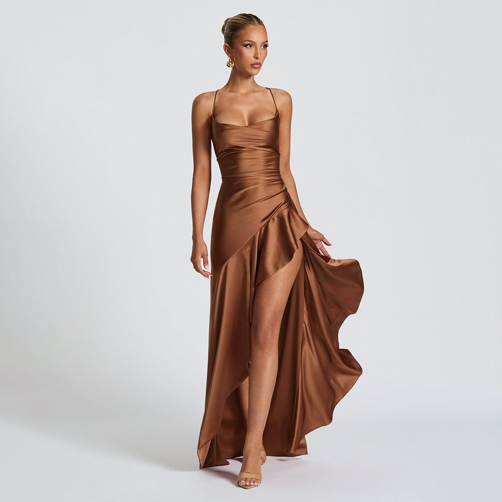 Summer Elegant Satin Long Skirt for Women with Suspenders Ruffles High Slit European American Style Dress_ecoleips.com